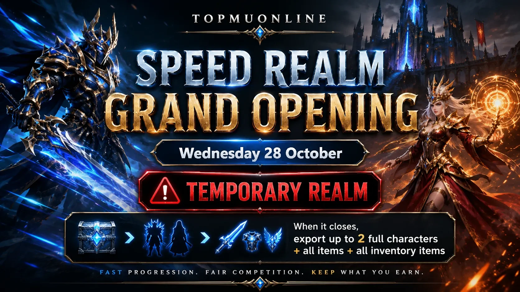 TopMUOnline Speed Realm grand opening on Wednesday 28 October - temporary realm, export up to 2 full characters with all items
